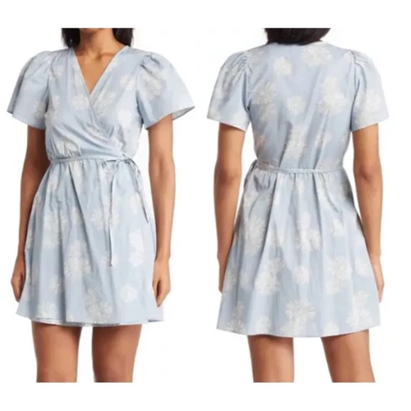 Madewell Dresses & Skirts - Madewell Womens Dress Medium Floral Wrap Mini Puff Sleeve Blue White Lightweight